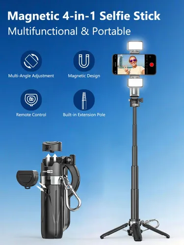 Miniatura 3 de USKEYVISION Palo selfie de bolsillo magnético para iPhone con luz para MagSafe 4 en 1, trípode portátil de bolsillo para iPhone y Android