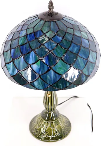 Miniatura 2 de Tiffany Style Stained Glass Table Lamp 18.5 Inch - Blue Fish Scales 12X12X18.5 Inch, E26 Bulb Base，Pull Chain Switch, Ceramic Base, Bedside