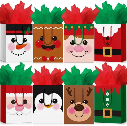 Cholemy 16 piezas de bolsas de regalo de Navidad medianas gruesas con papel de seda, bolsas de papel kraft de Navidad con asas para envolver regalos