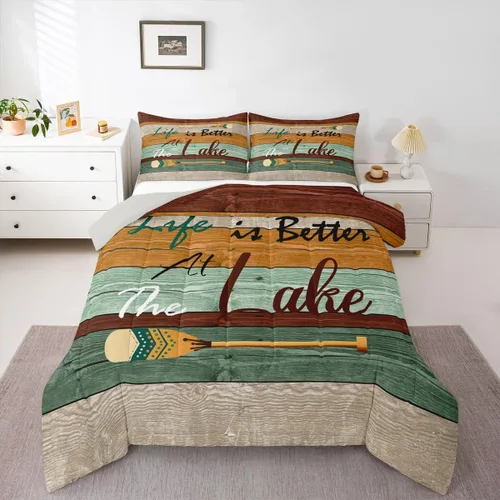 Miniatura 18 de Erosebridal Juego de edredón de barco muelle, juego de ropa de cama con diseño de paleta de lago, tamaño individual para niños, adolescentes