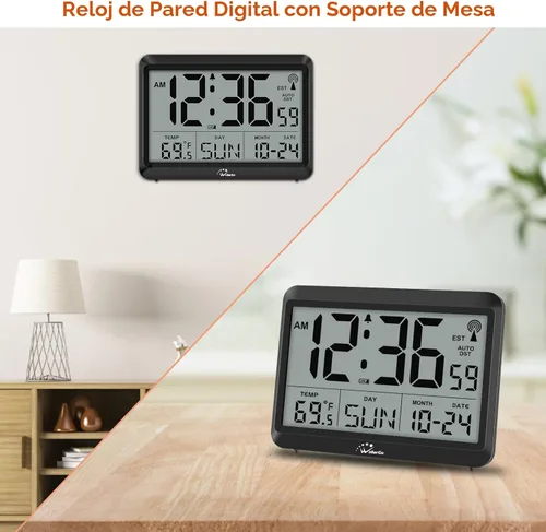 Miniatura 7 de WallarGe - Reloj de pared digital atómico, funciona con pilas, autoconfiguración, pantalla grande con temperatura, fecha, día de la semana, reloj