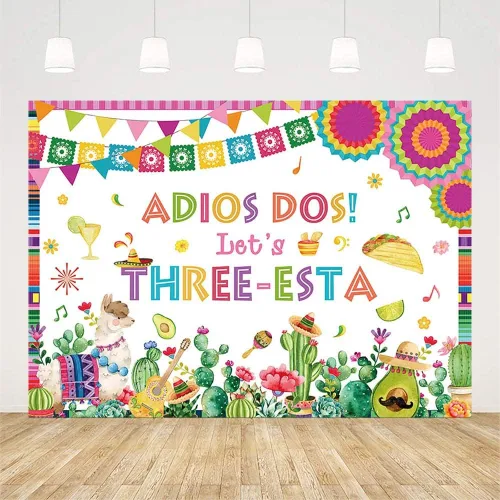 Miniatura 2 de AIBIIN Telón de fondo mexicano de tercer cumpleaños de 7 x 5 pies para niños, decoración de fiesta de Let's Three-Esta, cactus floral, alpaca