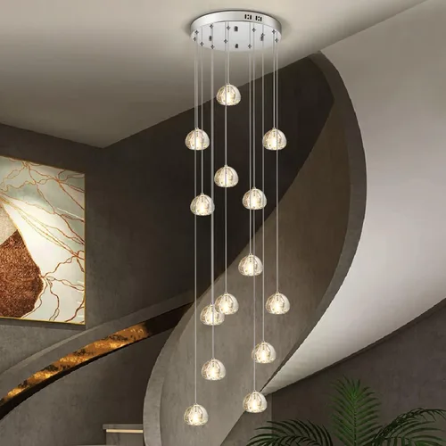 Miniatura 14 de Candelabro de cristal LED moderno, lámpara colgante de gota de lluvia, lámpara de techo de bola de cristal, 14 luces para escalera, sala de estar