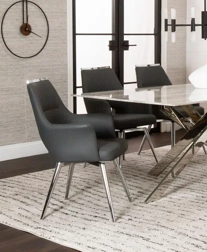 Miniatura 7 de Atlas Silla de comedor giratoria tapizada con brazos Asiento acolchado de cocina Patas cromadas pulidas en base giratoria Tapicería de tela