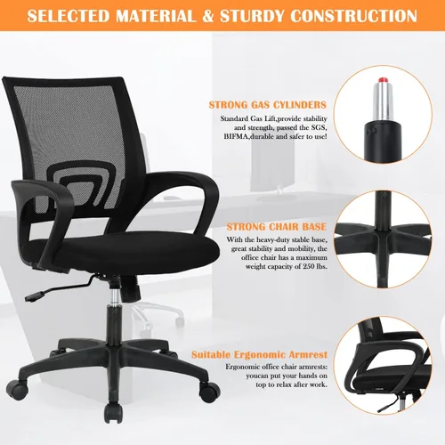 Miniatura 3 de Silla de malla para computadora, silla de oficina en casa, silla de escritorio ergonómica con soporte lumbar y reposabrazos, silla de trabajo Negro