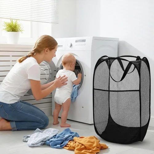 Miniatura 2 de BATTOO Cesta de lavandería desplegable de malla fuerte de lujo con bolsillo lateral para lavandería, baño, habitación de los niños, dormitorio