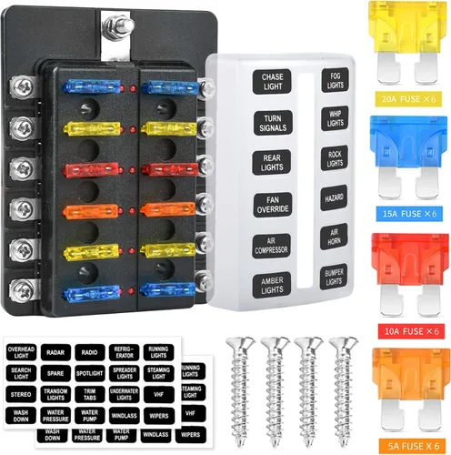 Cuchilla de caja de fusibles de 12 vías de 12 V, caja de fusibles de 12 V con indicador LED, cubierta de humedad y polvo, soporte de caja de