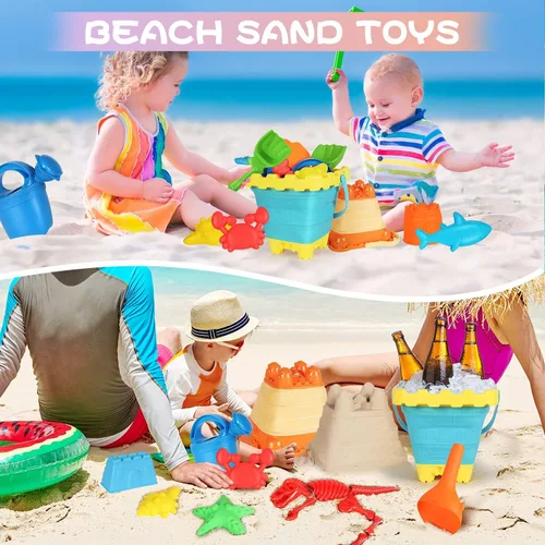 Miniatura 6 de Elovien Juego de juguetes de arena de playa, 24 juguetes de caja de arena con bolsa de malla incluida 2 cubos plegables, moldes de arena, palas
