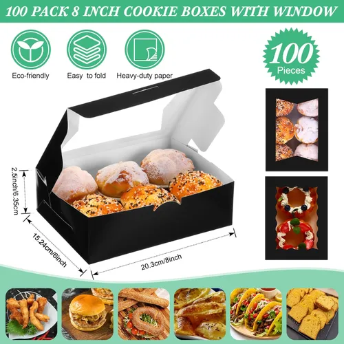 Miniatura 2 de TaoBary 100 piezas Cajas de panadería de 8 pulgadas 8 x 6 x 2.5 pulgadas Cajas de galletas y pasteles con 2 estilos de ventana para galletas, Negro