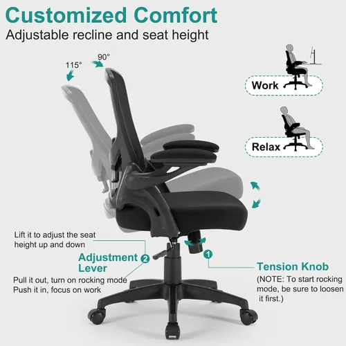 Miniatura 4 de Silla de oficina, silla de escritorio ergonómica con soporte lumbar ajustable, silla de computadora de malla transpirable con reposabrazos