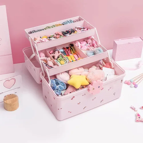 Miniatura 6 de MASKMELLOW Shapeazy - Organizador de accesorios para el cabello para niñas, caja de plástico de 3 capas con bandeja plegable y asa, contenedor
