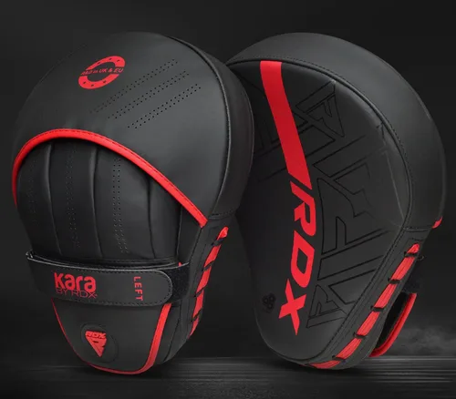 Miniatura 10 de RDX Almohadillas de boxeo Curvadas Focus Mits, Maya Hide Leather Kara Hook and jab Training Pads, correa ajustable ventilada, MMA Muay Thai Rojo