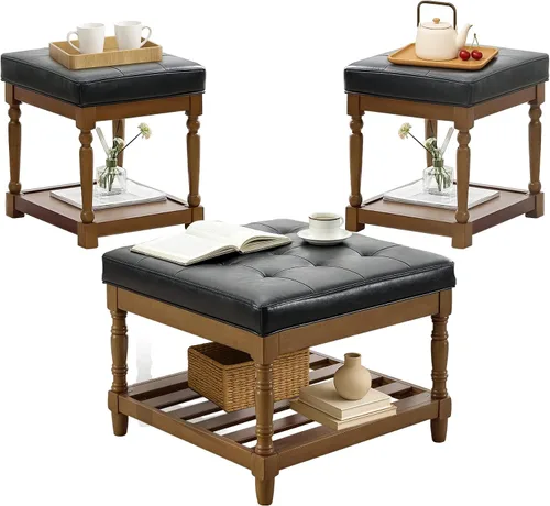 Miniatura 9 de UEV Juego de 3 mesas de café otomanas, juego de mesa de madera para sala de estar, incluye 2 mesas auxiliares tapizadas, mesita de noche, patas