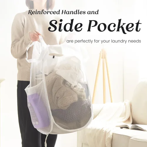 Miniatura 3 de TECHMILLY Cesta plegable de malla para la ropa sucia con asas resistentes y bolsillo lateral, cestas plegables portátiles para ropa para dormitorio
