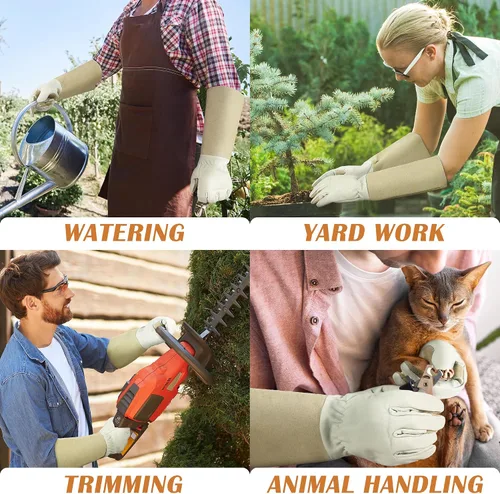 Miniatura 6 de HANDLANDY Guantes de poda largos para hombres y mujeres, de piel de cerdo, guantes de jardinería de rosas, guantes transpirables y duraderos Beige