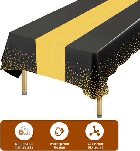 Miniatura 4 de Paquete de 10 manteles rectangulares de plástico y camino de mesa de satén, mantel desechable negro rectangular y dorado para cumpleaños