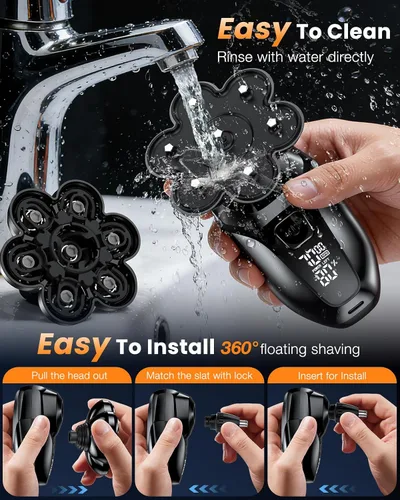 Miniatura 9 de Afeitadoras de cabeza para hombres calvos, kit de aseo eléctrico 5 en 1, 7D flotante IPX7, impermeable, recargable, para cabeza calva, vello