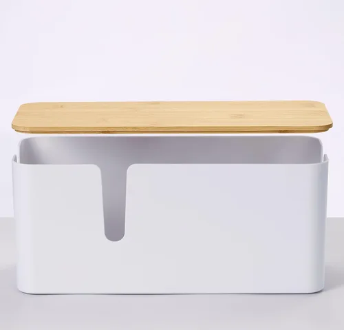 Miniatura 8 de ZhiYo Caja organizadora de cables con tapa de bambú, paquete de 2 cajas grandes para organizar cables, organizador de cables ABS seguro para TV