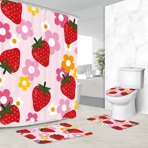 Juego de 4 cortinas de ducha de frutas de fresa de 60 pulgadas de ancho por 72 pulgadas de alto, juego de baño con flores, color rosa Y2K, accesorio