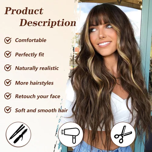 Miniatura 2 de ORSUNCER - Pelucas largas y onduladas con flequillo para mujer, peluca ombré, cabello sintético ondulado, para mujeres de piel oscura y blanca