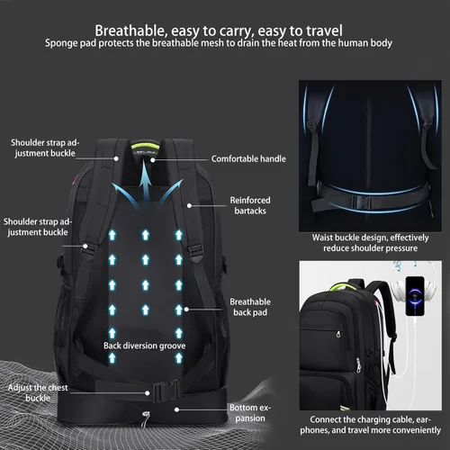 Miniatura 6 de Mochila de senderismo de 65 L para hombre, impermeable, expandible, mochila de viaje, mochila de mano casual, mochila grande para campamento, Negro