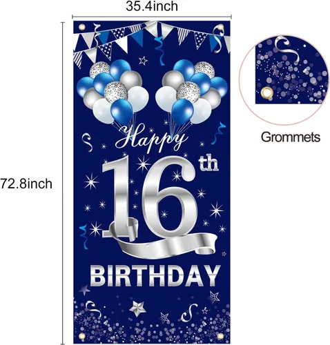 Miniatura 2 de Turypaty Cartel azul plateado para puerta de cumpleaños número 16, decoración para puerta de cumpleaños de 16 años, suministros de fiesta
