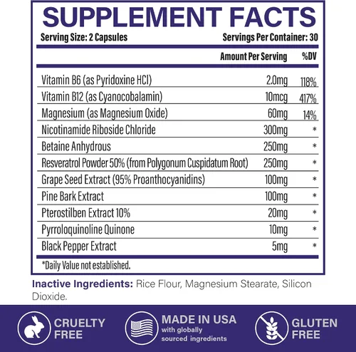 Miniatura 7 de NAD+ Supplement - NAD Resveratrol para energía celular y resistencia - Suplementos energéticos con ribósido de nicotinamida, semilla de uva