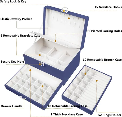 Miniatura 88 de Joyero de pendientes para mujeres y niñas, organizador de aretes de 5 capas, caja organizadora de joyas blanca con candado, collares y aretes