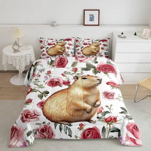 Miniatura 2 de Erosebridal Wild Capybara - Juego de cama de tamaño Queen romántico con diseño de rosas y flores, color rojo, lindo juego de cama con temática