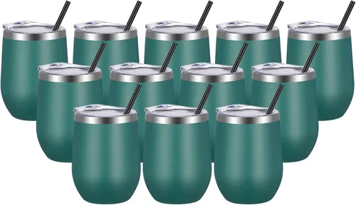 Miniatura 16 de VEGOND - Vaso de vino de acero inoxidable de 12 onzas con tapa y popote, vaso de vidrio de vino aislado de doble pared sin tallo, taza de café