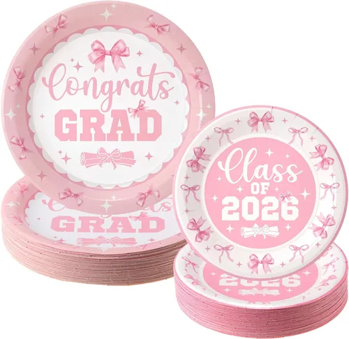 Mumufy Juego de 100 platos de graduación 2026, suministros de platos de fiesta de graduación, diseño de lazo rosa coqueta, 50 platos de cena (9