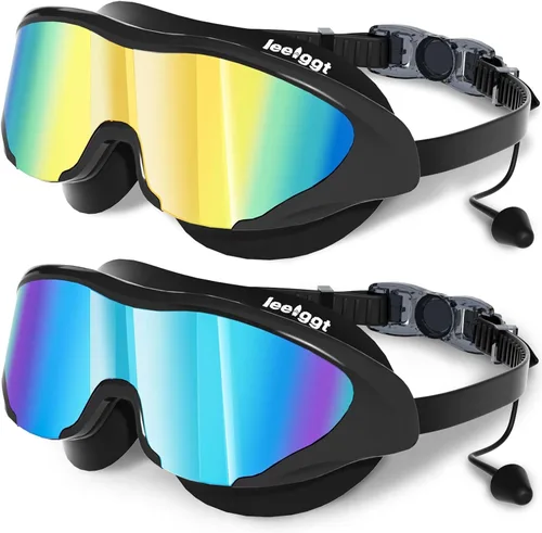 Gafas de natación anti niebla UV para niños de 6 a 14 años, paquete de 2 gafas de natación para niños con tapones para los oídos adjuntos Dorado-azul