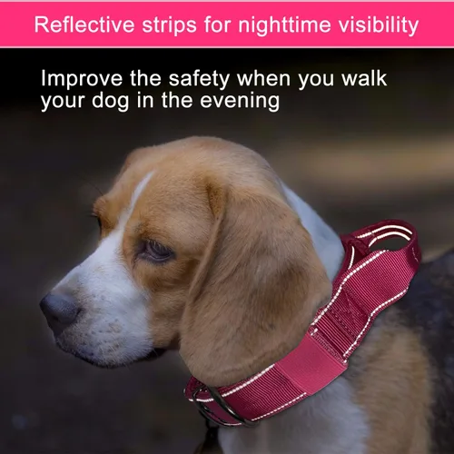 Miniatura 5 de Collar reflectante para perro táctico resistente con mango de control y hebilla de metal para entrenamiento de perros (M, rosa)
