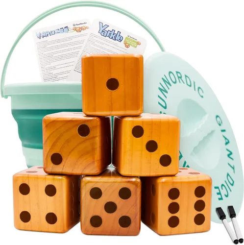 SunNordic Juego de 6 dados gigantes de madera para patio, juego de Yardzee para césped al aire libre Jumbo con cubo y tarjeta de puntuación Farkle,