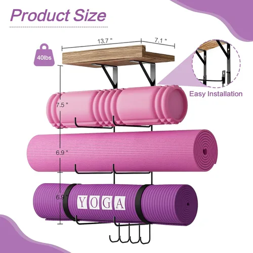 Miniatura 3 de Bikoney Soporte para Esterilla de Yoga Montaje en Pared Almacenamiento de Esterilla de Yoga Accesorios de Gimnasio en Casa con Estantes Flotantes