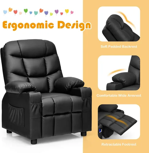Miniatura 7 de Costzon Silla reclinable para niños con soporte para tazas, silla de salón de cuero ajustable con reposapiés y bolsillos laterales para habitación