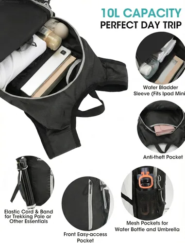 Miniatura 4 de Mochila de senderismo pequeña plegable con 3 bolsillos para correa, mochila ligera 300D a prueba de derrames para hombres y mujeres, mochila