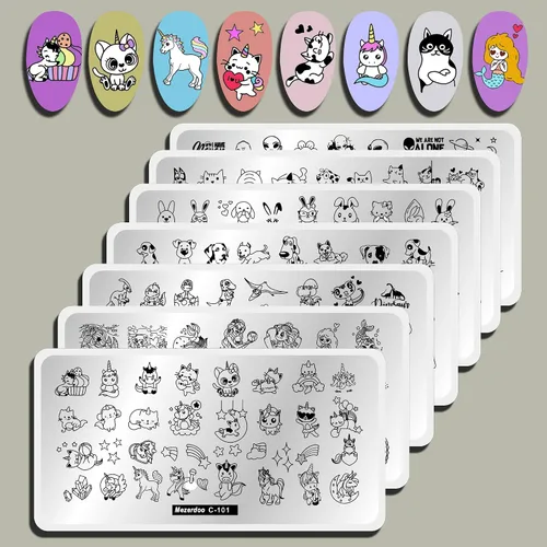 Juego de placas de estampado de uñas de unicornio para gatos, cachorros, 7 piezas, diseño de estrella y corazón, lindo diseño de animales, placa de