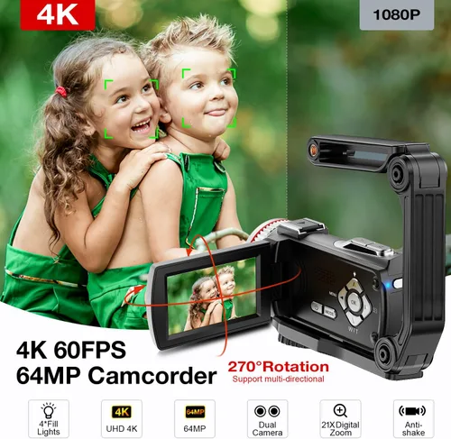 Miniatura 2 de Videocámara digital 4K, cámara dual de 64MP UHD Vlogging para YouTube, zoom digital 21X, cámara de vlog con micrófono externo, estabilizador