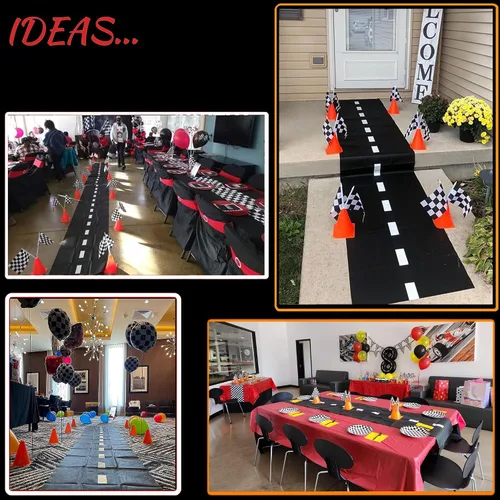 Miniatura 3 de Paquete de 6 conos de carreras naranjas de 7 pulgadas con agujeros en la parte superior, paquete de 12 banderas a cuadros, decoraciones de fiesta