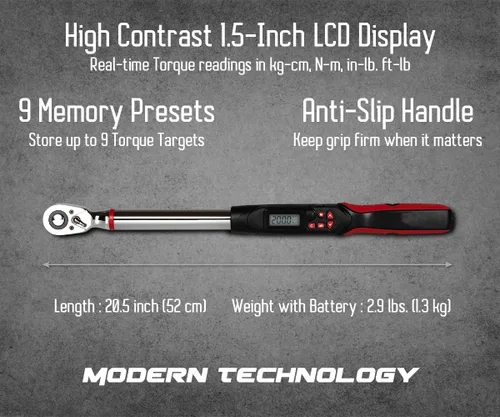 Miniatura 3 de Llave dinamométrica digital de 1/2 pulgada Tapha Tools, rango de torque 7.4-147.5 ft-lb (10-200 N-m), precisión ±2%, notificación LED y timbre