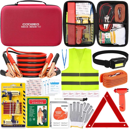 Miniatura 10 de Kit de emergencia en carretera para auto con cables de puente de batería, accesorios para auto para hombres o mujeres, kit de seguridad automotriz