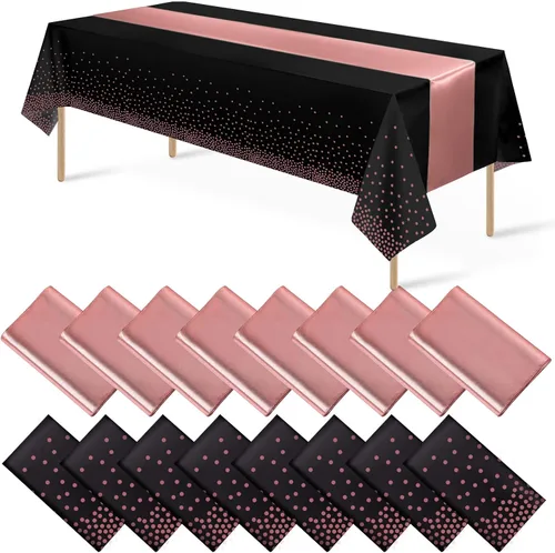 Miniatura 26 de 16 paquetes de manteles de plástico desechables y juego de camino de mesa de satén negro dorado con puntos dorados para graduación, boda