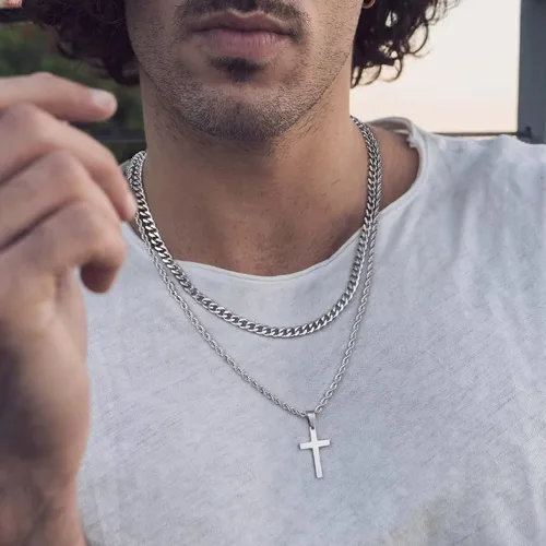 Miniatura 2 de Ursteel Layered Cross Necklace for Men, 18K Gold Silver Black Stainless Steel Mens Cross Necklaces Cross Chain Layered Rope Chain Cross Necklace for