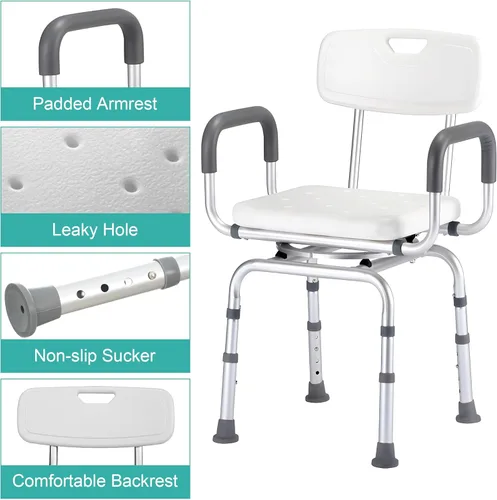 Miniatura 7 de PETKABOO Silla de ducha giratoria de 360 grados, asiento portátil con reposabrazos y respaldo, asiento de altura ajustable para bañera (blanco 1)