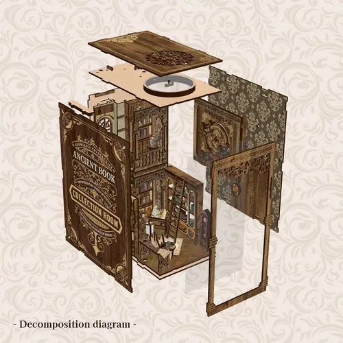 Miniatura 5 de Kit de rincón de libros de biblioteca antigua, rompecabezas 3D de madera con luz LED, modelo de estantería en miniatura, decoración cultural