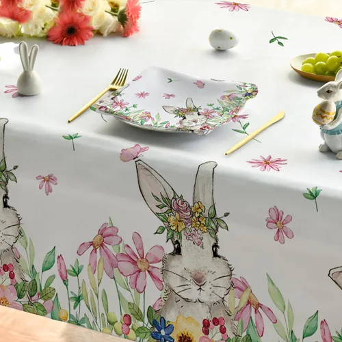 Miniatura 5 de Horaldaily Mantel de Pascua de 52 x 70 pulgadas, mantel lavable de primavera con diseño de conejito de flores para decoración de fiestas, pícnic