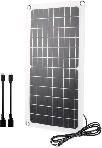 Panel solar 2.0 de 15 W, 5 V, cargador solar USB C flexible e impermeable con puerto tipo c/Lightning, cable de 4 núcleos y sin corriente inversa