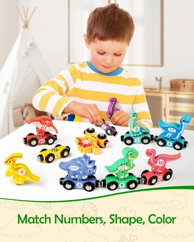 Miniatura 6 de Vanmor Juego de tren de dinosaurio de madera para niños pequeños, juguetes magnéticos de dinosaurios y tren de números, perfecto para actividades