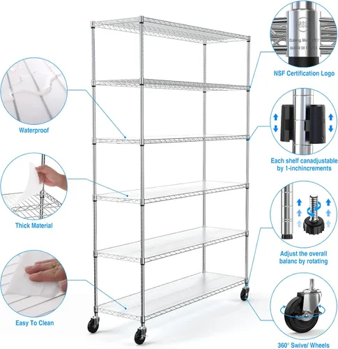 Miniatura 5 de Estantería de alambre de metal NSF de 6 niveles, capacidad de 6000 libras, estante de almacenamiento ajustable resistente con ruedas y Cromado